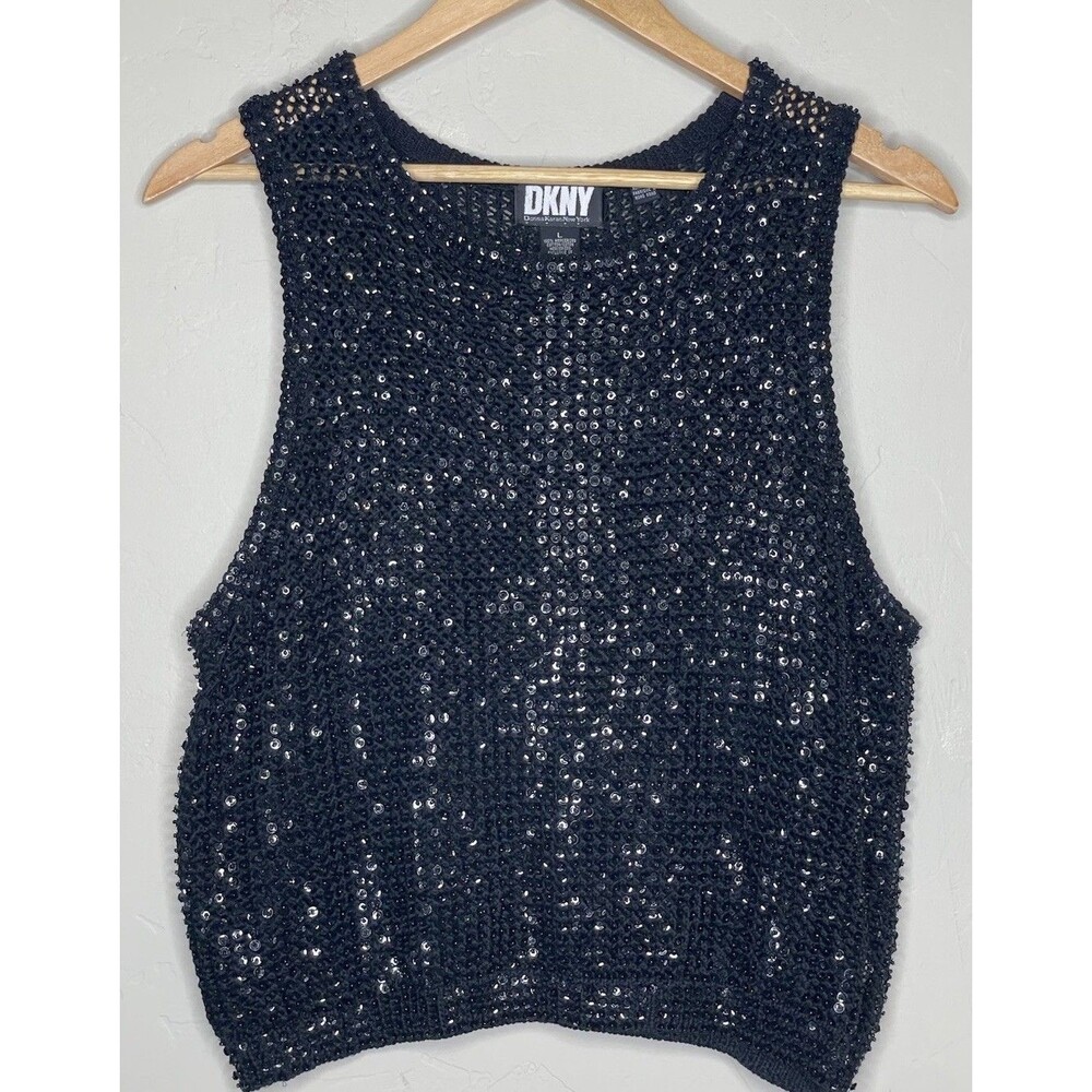 Vintage 90's DKNY Black Sequin Semi Sheer Black Runway Top Blouse Vintage L